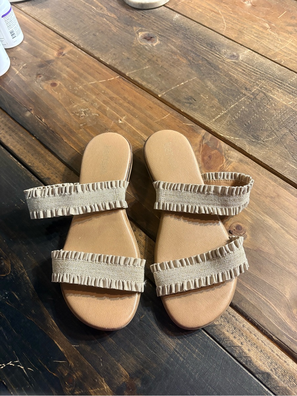 Beige Ruffle Double-Strap Women's Slide Sandals